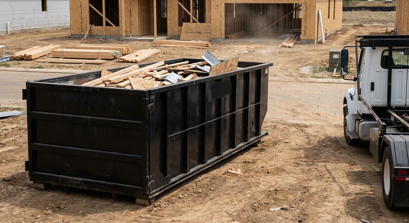 Matte-black 20-yard roll-off construction dumpster with heavy ribbed steel sidewalls and swing rear doors at a working jobsite in Boston, sitting directly on compacted dirt with an unmarked white hauler partially visible at the far edge of the frame.