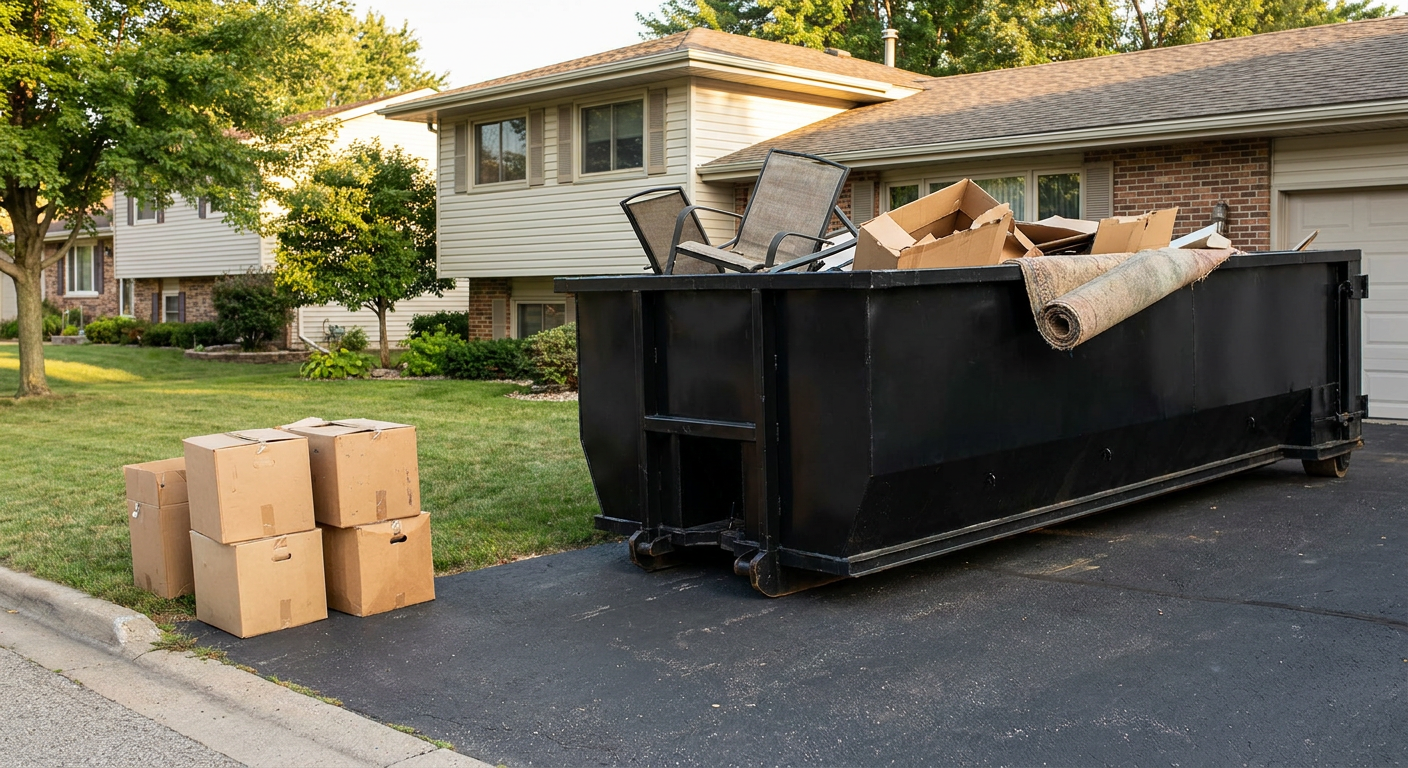 Front-yard view of a Boston split-level home with a 20-yard matte-black roll-off dumpster sitting directly on the asphalt driveway, a few clearly labeled donation boxes staged at the curb, calm sunny afternoon.
