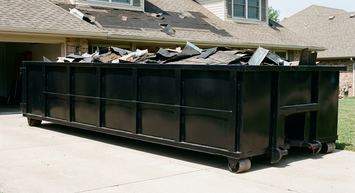 Matte-black 20-yard roofing roll-off dumpster with steel ribbed sides and swinging rear door, sitting directly on the concrete driveway of a two-story Boston home, asphalt shingle debris being loaded over the low wall, clean documentary lighting.