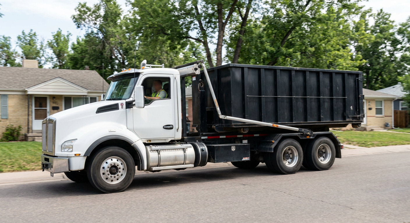 A wide documentary shot of a matte-black roll-off delivery truck pulling onto a quiet Boston residential street at mid-morning, with neighborhood rooftops and tree-lined blocks visible behind, showing the metro coverage footprint.