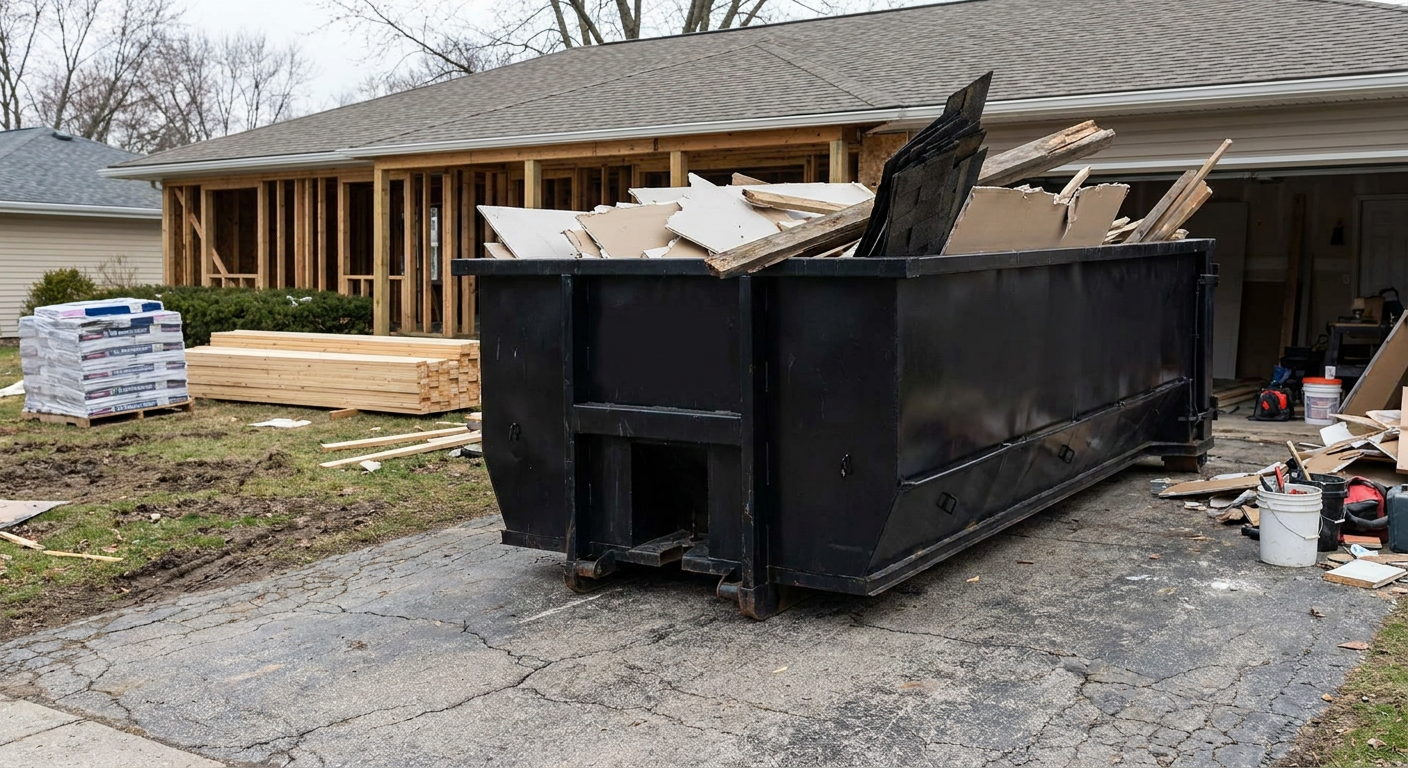 A matte-black 20-yard roll-off dumpster placed alongside a mid-renovation Boston home directly on the asphalt driveway, with framing materials and torn-off shingles staged neatly nearby.