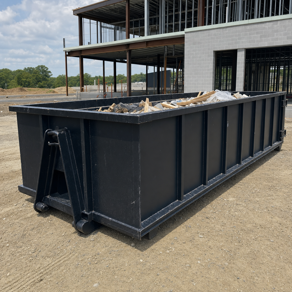 A matte-black 40-yard roll-off dumpster staged on a large Boston commercial construction lot, with a hooklift delivery truck parked alongside under bright midday sky.