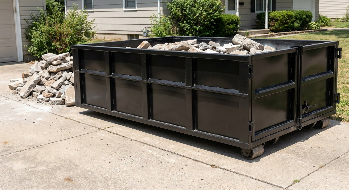 A matte-black low-side heavy-debris roll-off dumpster placed directly on a Boston concrete driveway, with broken concrete chunks neatly stacked beside it under clean daylight.